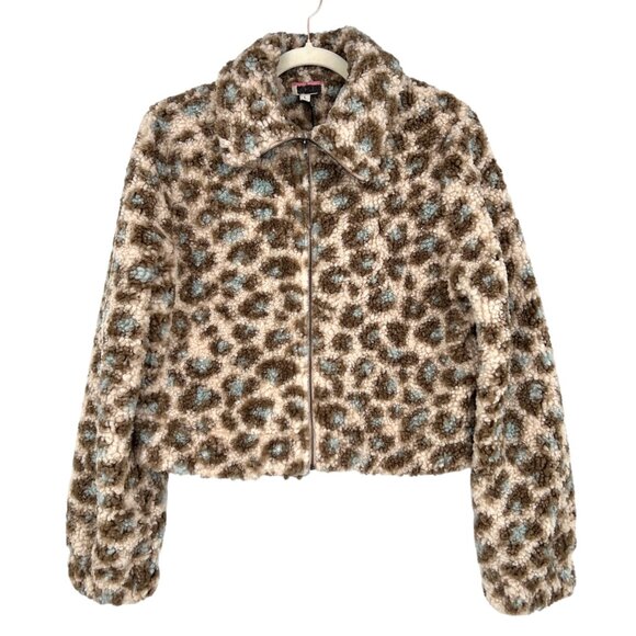 Andree By Unit Faux Fur Leopard Print Teddy Cropped Jacket Size Large NWT - Picture 1 of 12